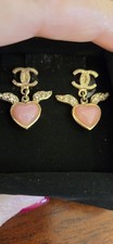 CHANEL CC Logos Pink Heart Rhinestone Dangle Earrings Gold Tone 09C Auth w/Box