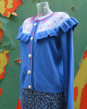 Hill House New Virgin Wool Frill Floral Cardigan with Pearl Diamante Button M