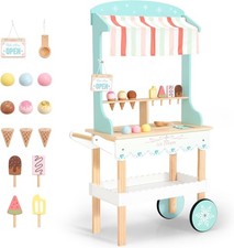 Wooden Ice Cream Cart Truck with Wheels for Kids Pretend Play Grocery Store