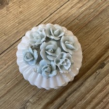 Pretty Porcelain Trinket Pot With Blue Flower Decoration 10cm Diameter 
