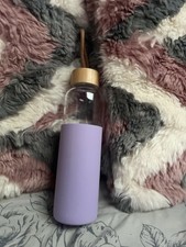 Glass Water Bottle with Bamboo Lid & Lilac Silicone Sleeve – Eco Friendly