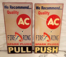 2 Rare vintage AC FIRE RING SPARK PLUGS Door Push & Pull Signs - gas oil sign