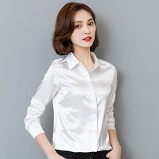 Women Silk Satin Shirt Long Sleeve Formal Work shirts Shiny Blouse Top Elegant