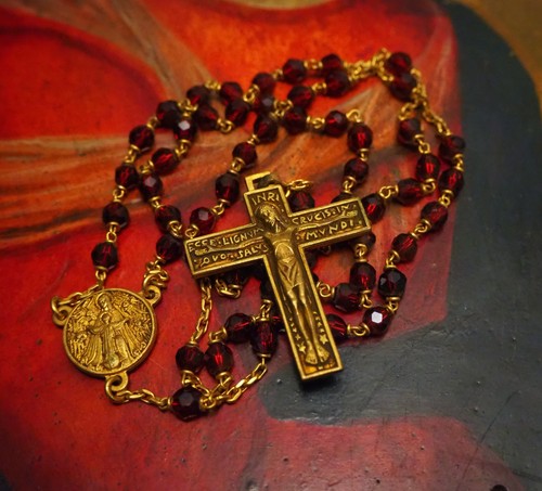 Antique red cut glass - , rosary