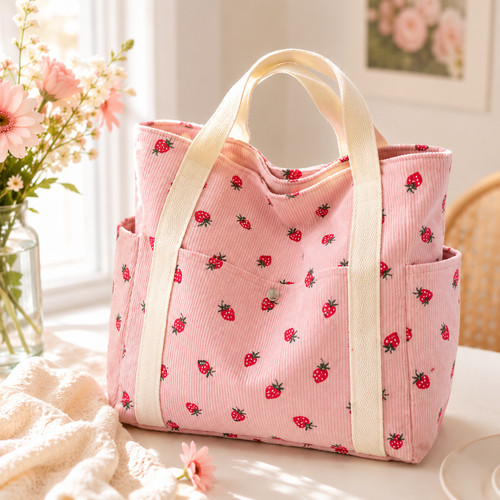 Pink strawberry corduroy tote - strawberry,