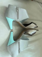 M&S Sandals 6 39 Heel Shoe Party Occasion Grey Blue Turquoise Metallic Zip Party