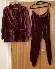 Autograph m&s burgundy velvet silk wide leg stretch trousers suit blazer s 18 GC