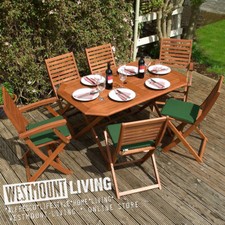 OUTDOOR WOODEN GARDEN FURNITURE FOLDING DINING TABLE CHAIRS + CUSHIONS 6 SEATER