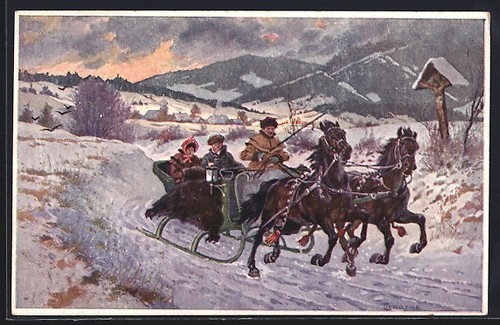 Couple racing through the - , snow