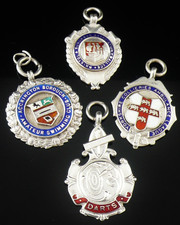 4 Assorted Sterling Silver Enamel Pocket Watch Fob Medals Various Dates & Makers
