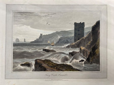 1825 Antique Print; Fowey Castle, Cornwall after William Daniell