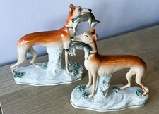Fine Pair Antique 19thC Staffordshire Greyhounds with Hares Figures