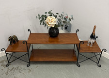 Mid Century Wood and Wrought Iron Coffee Table, Retro Long Table with Shelves