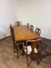 Large Burr Walnut Dining Table & Eight Queen Anne Style Chairs