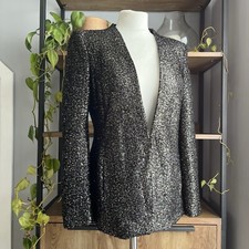 ZARA Sequin Jacket Blazer L / 12 Fluffy Black Gold Embellished Trinny Woodall