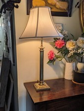 Large Vintage Brass Table Lamp With A Fluted Column And Ornate Square Base
