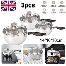 3 Pan Stainless Steel Saucepans Cookware Cooking Pots & Glass Lids & Handles EH4