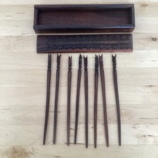 Vintage Asian Hand Carved Wooden Chopstick Set - 8 Sticks & Storage Box Balinese