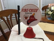 Cast Iron TEXACO FIRE CHIEF GASOLINE Wall Mount Two Sided SIGN With BELL 10x14"