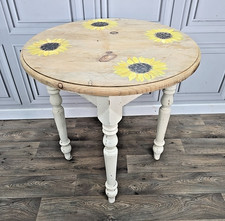 Retro Vintage Solid Pine Round Table Painted Floral Top Rustic Farmhouse Country