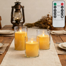 Set of 3 Glass Moving Fake Flame LED Candles Flickering Light with Timer Remote