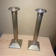 Vintage Pair Of Silver Plated Column Brass Candlesticks