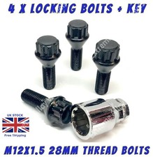 Black Wheel Locking Bolts Fits Smart Car ForTwo ForFour M12x1.5 28mm alloy