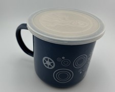 Fat Face Blue Enamel Tin Coffee Mug / Cup With Plastic Lid Time In Motion