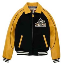 Men Avirex Leather Varsity Jacket Yellow New York Wool Bomber Style Classic 1975