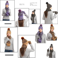 Womens Ladies Thick Knit Hat Scarf AND Touchscreen gloves Set Knitted Winter,UK
