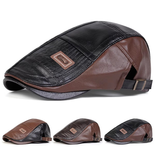 Men leather patchwork newsboy - patchwork,