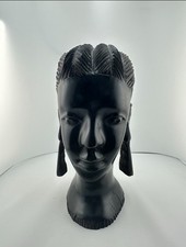 Vintage Hand-Carved African Ebony Wood Bust – Makonde Style Tribal Woman Head