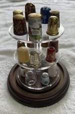 21 Vintage Thimbles In An Acrylic Dome With Wooden Base