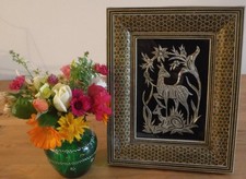 PERSIAN SILVER & COPPER PICTURE DEER 10"/26cm X 8"/21cm KHATAM KARI WOOD FRAME