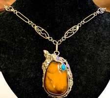 Large vintage sterling silver necklace with amber & turquoise stones 36.7 gmsss