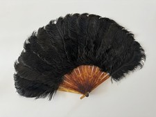 Antique 1920s Art Deco Black Ostrich Feather Faux Tortoiseshell Fan Opera Party