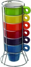 Stackable Set of 6 Espresso Coffee Ceramic Mugs & Metal Stand Stacking PSA462