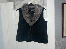 WS Vintage Pig Split Black Suede Leather Fur Trim Sleeveless Gilet waistcoat 18