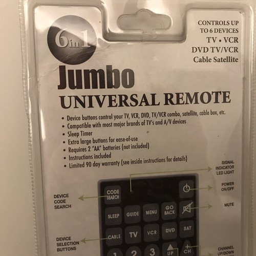 Jumbo universal remote vcr - universal,