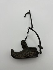 Antique Persian Solid Brass Oil Lamp W/ Hook, Hand Engraved Design