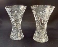 Pair Of  Vintage Heavy Cut Glass Crystal Vases - Flower Design - 8 1/2" / 22cm