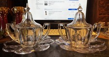 Pair Of Antique Chippendale Crystal Lidded Sugar Bowls with Saucers