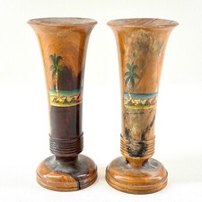 VINTAGE JAMAICA HAND PAINTED WOODEN VASES CARIBBEAN SOUVENIR DECOR PAIR