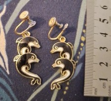 Vintage Cloisonne Enamel SEA GEMS Dolphins Earrings 1980's screw backs