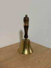 Vintage Brass Hand Bell w/ Wooden Handle – 7.5” School / Dinner Bell