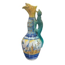 Antique Italian Faience Puzzle Jug Dragon & Lizard Handle Hand Painted c.1900