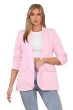 Womens Blazer Ruched Sleeve Lined Plain Collared Ladies Office Casual Jacket Top