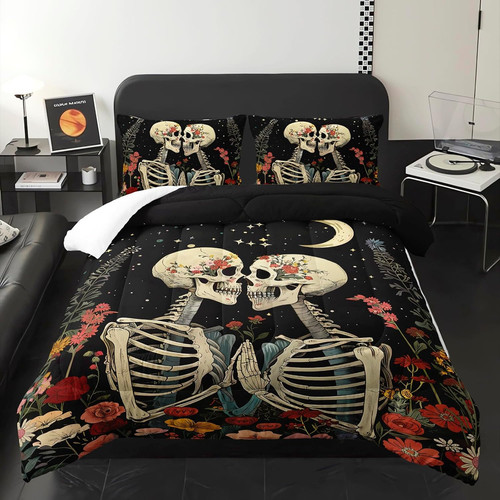 Black gothic skull - gothic, flower