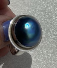 Stunningly Beautiful Tahitian Black Pearl In Sterling Silver Size R Ring