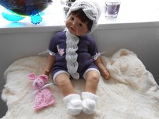 Hand knitted Plum.white*Bunny*Romper Set .Baby Girl 0-3mth/reborn 19-22" NEW